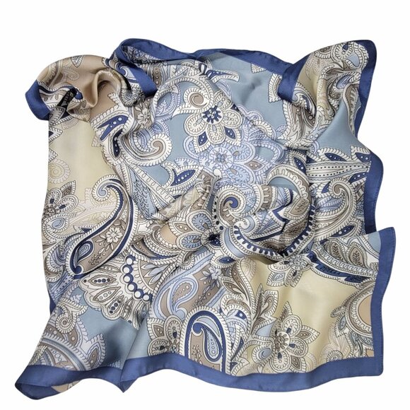 ⭐Elegant Bandana Square Scarf Silky Satin Soft Blue Silver Versatile Paisley - Picture 6 of 8